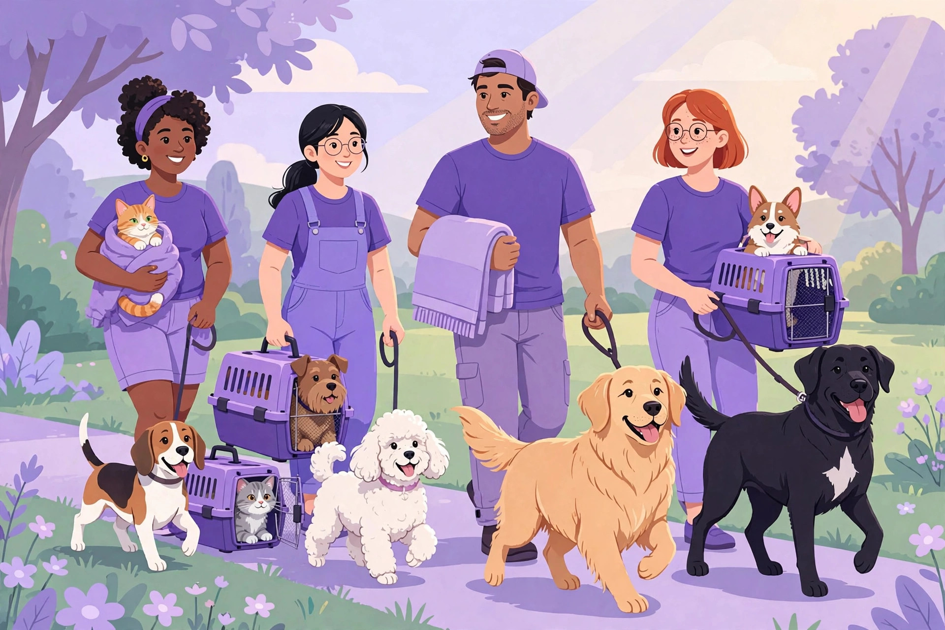 Purple Paws Pal volunteers in purple shirts walking happy rescue dogs and carrying rescued cats on an outing